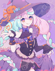 1girl alternate_costume alternate_hairstyle blue_hair bow bow-shaped_hair braid breasts character_hair_ornament creatures_(company) dress game_freak hair_ornament haru_(haruxxe) hat highres iono_(pokemon) jacket long_hair long_sleeves looking_at_viewer multicolored_hair nintendo pink_hair pokemon pokemon_sv sleeveless sleeves_past_fingers sleeves_past_wrists smile solo tongue tongue_out twin_braids two-tone_hair witch_hat