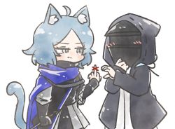 Rule 34 | 1girl, 1other, ahoge, ambiguous gender, animal ear fluff, animal ears, arknights, black jacket, blue eyes, blue hair, cat ears, cat girl, cat tail, doctor (arknights), heart hands failure, hood, hood up, hooded jacket, jacket, middle finger, monique (arknights), nunnuje a u e, parted bangs, shirt, short hair, tail, white background