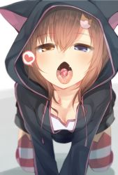 Rule 34 | 1girl, all fours, animal ears, animal hood, black jacket, blue eyes, blurry, blush, breasts, brown eyes, brown hair, candy, cat ears, character request, cleavage, collarbone, copyright request, depth of field, downblouse, fang, food, food in mouth, hair between eyes, hair ornament, heart, heterochromia, highres, hood, hooded track jacket, jacket, long sleeves, looking at viewer, matching hair/eyes, nigo (aozoragarou), open clothes, open jacket, open mouth, oral invitation, saliva, sexually suggestive, small breasts, solo, spoken heart, striped clothes, striped thighhighs, thighhighs, tongue, tongue out, track jacket