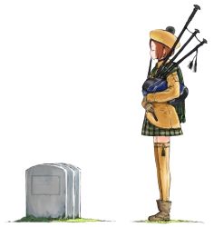 Rule 34 | 1girl, bad id, bad pixiv id, bagpipes, bob cut, brown hair, closed eyes, from side, grave, graveyard, hat, instrument, kilt, mars expedition, military, military uniform, miniskirt, music, playing instrument, pom pom (clothes), profile, short hair, simple background, skirt, soldier, solo, standing, thighhighs, uniform, united kingdom, white background, y (khakiyawn), yellow hat, yellow thighhighs, zettai ryouiki