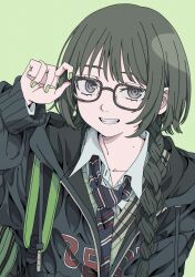 1girl backpack bag blue_necktie braid glasses green_background green_bag green_hair green_jacket green_nails green_shirt grin hair_over_shoulder haku_geroda jacket long_hair looking_at_viewer mole mole_on_neck necktie original school_uniform shirt single_braid smile solo teeth