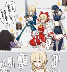 Rule 34 | 2girls, artoria pendragon (all), artoria pendragon (fate), blonde hair, blue dress, blue pants, blue shirt, bow, brown hair, camera, coat, commentary request, cosplay, crop top, detached sleeves, dress, excalibur (fate/stay night), genshin impact, hair bow, hair tubes, hakurei reimu, hakurei reimu (cosplay), hat, highres, holding, holding camera, holding sword, holding weapon, kuromu shado, lumine (genshin impact), mask, midriff, mouth mask, multiple girls, pants, red bow, red shirt, red skirt, saber (fate), saber (fate) (cosplay), saori (blue archive), saori (blue archive) (cosplay), shirt, short hair with long locks, skirt, sword, taking picture, translation request, weapon, white coat, yellow eyes