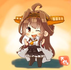 Rule 34 | 1girl, ahoge, artist name, bare shoulders, black skirt, black thighhighs, blush, brown hair, clenched hands, commentary request, detached sleeves, double bun, grey eyes, hair bun, hairband, headgear, japanese clothes, kantai collection, kongou (kancolle), kongou kai ni (kancolle), long hair, nontraditional miko, one eye closed, open mouth, pleated skirt, ribbon-trimmed sleeves, ribbon trim, skirt, smile, solo, taisa (kari), thighhighs, wide sleeves
