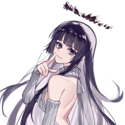 Rule 34 | 1girl, absurdres, ahoge, arched back, arknights, back, backless outfit, bare back, bare shoulders, black hair, black halo, blunt bangs, breasts, broken halo, colored inner hair, commentary, dark halo, detached sleeves, eyelashes, finger to mouth, fingernails, floating hair, from side, grey eyes, grey hair, halo, hand up, head tilt, high collar, highres, hime cut, index finger raised, kirby d a, lips, long hair, long sleeves, looking at viewer, looking to the side, medium breasts, meme attire, mole, mole under eye, multicolored hair, pale skin, parted lips, revision, ribbed sleeves, ribbed sweater, sideboob, sidelocks, simple background, sleeveless, sleeveless sweater, smile, solo, standing, straight hair, sweater, teeth, turtleneck, turtleneck sweater, two-tone hair, upper body, virgin killer sweater, virtuosa (arknights), white background, white sleeves, white sweater