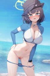 Rule 34 | 1girl, absurdres, bikini, bikini bottom pull, blue archive, blue bikini, blush, breasts, bucket hat, cameltoe, cleavage, cleft of venus, collarbone, gluteal fold, halo, hand on own hip, hat, highres, large breasts, long sleeves, looking at viewer, navel, nose blush, official alternate costume, outdoors, partially unzipped, purple hair, raglan sleeves, rash guard, saki (blue archive), saki (swimsuit) (blue archive), smile, solo, stomach, sweatdrop, swimsuit, uncensored, watch, wristwatch, z.taiga