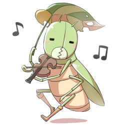 Rule 34 | = =, boots, brown footwear, bug, commentary request, grasshopper, holding, holding instrument, holding umbrella, holding violin, insect, instrument, leaf umbrella, music, musical note, natsuya (kuttuki), no humans, playing instrument, ragnarok online, rocker (ragnarok online), simple background, umbrella, violin, white background