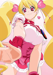 Rule 34 | 1girl, :3, all fours, blonde hair, bow, breasts, choker, closed mouth, collarbone, cure peach, earrings, floating hair, fresh precure!, from below, fuchi (nightmare), gradient background, hair between eyes, hair ornament, heart, heart earrings, heart hair ornament, highres, jewelry, large breasts, layered skirt, long hair, miniskirt, pink background, precure, red bow, red choker, red eyes, red skirt, shiny skin, shirt, skirt, smile, solo, underbust, very long hair, white background, white shirt, white skirt