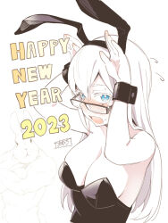 Rule 34 | 1girl, 2023, animal ears, asutora, asutora-chan, black-framed eyewear, black leotard, blush, breasts, cleavage, commentary request, fake animal ears, glasses, hands up, happy new year, highres, large breasts, leotard, long hair, looking at viewer, mole, mole under eye, new year, open mouth, original, rabbit ears, simple background, solo, upper body, white background, white hair