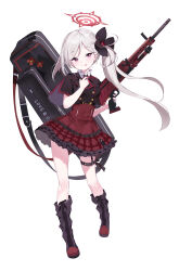 Rule 34 | 1girl, absurdres, black bag, black bow, black footwear, black jacket, blue archive, boots, bow, breasts, buttons, checkered clothes, checkered skirt, child, collar, commentary, dress, frilled dress, frills, full body, general-purpose machine gun, grey hair, gun, h&amp;k mg5, hair bow, half-closed eyes, halo, hand up, highres, holding, holding gun, holding strap, holding weapon, jacket, knee boots, legs, long hair, looking at viewer, machine gun, maorzshu, mutsuki (blue archive), purple eyes, red dress, side ponytail, skirt, small breasts, smile, solo, standing, thigh strap, thighs, tongue, tongue out, weapon, weapon case, white background, white collar, wide sleeves