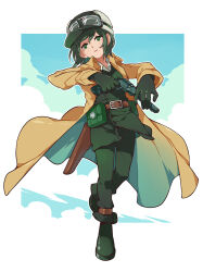 Rule 34 | 1girl, androgynous, belt, belt pouch, border, brown coat, coat, colt 1851 navy, commission, expressionless, finger on trigger, fur hat, gloves, goggles, goggles on headwear, gomipomi, green eyes, green hair, gun, handgun, hat, holster, jacket, kino (kino no tabi), kino no tabi, leather belt, long sleeves, open clothes, open jacket, pants, pouch, reverse trap, revolver, short hair, sky, solo, standing, standing on one leg, tomboy, weapon, white border