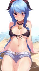 Rule 34 | 1girl, absurdres, arm support, bare arms, bare shoulders, bell, belt, bikini, black bikini, black choker, blue hair, blush, breasts, choker, commentary request, cowboy shot, front-tie bikini top, front-tie top, ganyu (genshin impact), genshin impact, haneramu, highres, horns, long hair, looking at viewer, medium breasts, micro shorts, navel, neck bell, pink eyes, shorts, sitting, solo, stomach, swimsuit, thighs, white belt