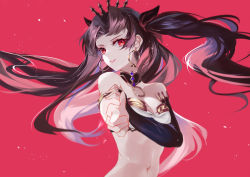 Rule 34 | 1girl, aiming, aiming at viewer, bare shoulders, black bow, black hair, bow, breasts, cleavage, collarbone, commentary request, detached collar, detached sleeves, earrings, fate/grand order, fate (series), finger gun, hair bow, highres, hoop earrings, ishtar (fate), jewelry, long hair, long sleeves, medium breasts, navel, outstretched arm, parted bangs, parted lips, pink background, red lips, simple background, single detached sleeve, two side up, upper body, v-shaped eyebrows, vardan, very long hair