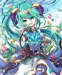 Rule 34 | 1girl, aqua eyes, armor, artemis (p&amp;d), flower, gem, gloves, green hair, hair ornament, horns, kozakura (dictionary), long hair, looking at viewer, open mouth, ponytail, puzzle &amp; dragons, solo, thighhighs, water drop