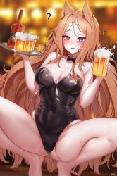 Rule 34 | 1girl, ?, @ @, absurdres, alcohol, alternate costume, animal ears, archetto (arknights), arknights, bare arms, bare legs, bare shoulders, barefoot, beer, beer mug, black leotard, blonde hair, blue eyes, blurry, blurry background, blush, bow, bowtie, breasts, cleavage, covered navel, cup, detached collar, drunk, gluteal fold, hands up, heterochromia, highleg, highleg leotard, highres, holding, large breasts, leotard, lilac (k32420276), long hair, looking at viewer, mug, nontraditional playboy bunny, open mouth, red eyes, solo, squatting, strapless, strapless leotard, thighs, tray, very long hair