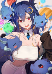 Rule 34 | &gt; &lt;, 1girl, absurdres, bandeau, bare shoulders, blue hair, blush stickers, breasts, cleavage, cloud9, collarbone, colored sclera, commission, constellation, crescent, crescent hair ornament, detached collar, dragon girl, dragon horns, fingernails, hair between eyes, hair ornament, highres, horns, ibaraki shun, large breasts, long hair, long sleeves, medium breasts, midriff, open mouth, pants, red eyes, red sclera, skeb commission, stomach, vienna (vtuber), vienna (vtuber) (1st costume), virtual youtuber, white pants