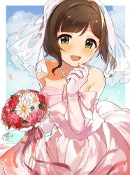 Rule 34 | 1girl, blush, bouquet, bridal gauntlets, bridal veil, bride, brown hair, commission, dress, falling petals, fang, flower, gloves, green eyes, highres, holding, holding bouquet, idolmaster, idolmaster cinderella girls, jewelry, lace-trimmed veil, lace trim, looking at viewer, maekawa miku, mmmakaron888, ornate ring, petals, pink dress, pink gloves, ring, skeb commission, skin fang, smile, solo, veil, wedding dress, wedding ring
