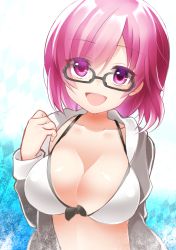 Rule 34 | 1girl, bra, breasts, cleavage, fate/grand order, fate (series), glasses, highres, large breasts, looking at viewer, mash kyrielight, mofuruo, open clothes, open mouth, purple eyes, purple hair, short hair, smile, solo, underwear