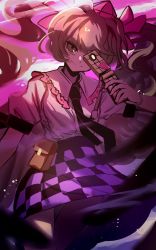 Rule 34 | 1girl, brown eyes, brown hair, cellphone, checkered clothes, checkered skirt, closed mouth, hat, himekaidou hatate, holding, holding phone, ichirugi, long hair, looking at viewer, phone, purple hat, purple skirt, shirt, short sleeves, skirt, smile, solo, tokin hat, touhou, twintails, white shirt