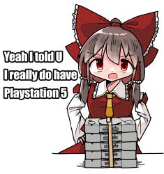 Rule 34 | 1girl, ascot, blush, bow, brown hair, collared shirt, commentary, cowboy shot, detached sleeves, english text, frilled shirt collar, frills, game console, hair bow, hair tubes, hakurei reimu, hands on own hips, impact (font), kasuya baian, looking at viewer, medium hair, open mouth, playstation 1, red bow, red eyes, red shirt, red skirt, shirt, sidelocks, simple background, skirt, skirt set, sleeveless, sleeveless shirt, smile, solo, standing, tareme, touhou, v-shaped eyebrows, white background, white sleeves, yellow ascot
