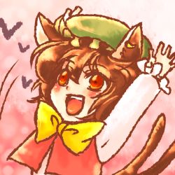 Rule 34 | 1girl, animal ears, arms up, bad id, bad pixiv id, bow, bowtie, brown hair, cat ears, cat girl, cat tail, chen, discharge cycle, earrings, female focus, happy, hat, jewelry, multiple tails, open mouth, outstretched arms, short hair, single earring, smile, solo, tail, tobi (discharge cycle), touhou