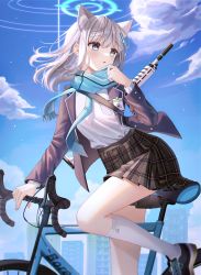 Rule 34 | 1girl, absurdres, animal ear fluff, animal ears, assault rifle, bicycle, black footwear, blazer, blue archive, blue eyes, blue necktie, blue scarf, building, cloud, cross hair ornament, extra ears, grey skirt, gun, hair ornament, halo, highres, id card, jacket, kneehighs, light blush, long sleeves, looking back, medium hair, necktie, open clothes, open jacket, parted lips, plaid, plaid skirt, pleated skirt, rifle, scarf, school uniform, shiroko (blue archive), shirt, shirt tucked in, sig sauer 556, silver hair, skirt, sky, socks, solo, striped clothes, striped scarf, suppressor, weapon, weapon on back, white shirt, white socks, wind, wolf ears, wolla