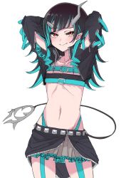 Rule 34 | 1girl, nanashi inc., arms behind head, arms up, bandeau, belt, black hair, black jacket, black skirt, closed mouth, clothing cutout, collarbone, cowboy shot, cropped jacket, demon girl, demon horns, demon tail, fang, garter straps, goten (510gensoku), high collar, highleg, highres, horns, jacket, long hair, looking at viewer, midriff, miniskirt, multicolored hair, navel, open clothes, open jacket, pointy ears, red eyes, revealing clothes, shishio chris, shoulder cutout, simple background, skirt, smile, solo, standing, stomach, streaked hair, sugar lyric, tail, two-tone hair, virtual youtuber, white background
