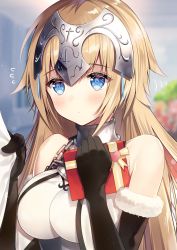Rule 34 | 1girl, bare shoulders, black gloves, blonde hair, blue eyes, blurry, blush, breasts, chain, closed mouth, clothes grab, cross, depth of field, elbow gloves, eyelashes, fate/grand order, fate (series), flower, flying sweatdrops, fur trim, gift, gloves, gorget, headpiece, heart, highres, holding, holding gift, jeanne d&#039;arc (fate), jeanne d&#039;arc (ruler) (fate), jeanne d&#039;arc (third ascension) (fate), large breasts, lens flare, light particles, long hair, motion lines, necomi, ribbon, sleeveless, solo focus, upper body, valentine, yellow ribbon