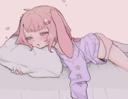 1girl ahoge animal_ears artist_logo ass bed bed_sheet blush ebichi_(mon600n) feet_out_of_frame hair_ornament hairclip half-closed_eyes highres logo lying on_stomach open_mouth original panties pillow pillow_grab pink_eyes pink_hair pink_panties purple_shirt rabbit_ears rabbit_girl rabbit_hair_ornament sexually_suggestive shirt sidelocks solo squeans underwear waking_up