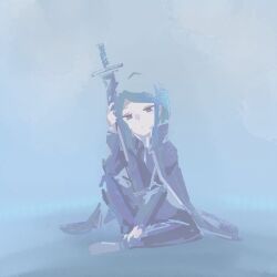 Rule 34 | 1other, black coat, black shirt, blue background, blue eyes, blue hair, coat, expressionless, grey footwear, hand on own leg, highres, holding, holding sword, holding weapon, library of ruina, long sleeves, looking at viewer, on floor, pale skin, porccu 200g, project moon, shirt, short hair, sidelocks, sitting, sketch, sword, the bookhunter, weapon