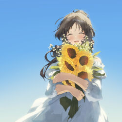 Rule 34 | 1girl, ^ ^, absurdres, blue sky, blush, bouquet, brown hair, closed eyes, commentary request, dress, flower, highres, holding, holding bouquet, idolmaster, idolmaster cinderella girls, long hair, outdoors, ponytail, sanpo (sanpo 1027), sky, smile, solo, sunflower, takamori aiko, white dress