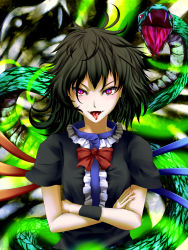 Rule 34 | 1girl, asymmetrical wings, black hair, crossed arms, dress, fangs, female focus, fingernails, gradient background, haru-kun, highres, houjuu nue, light trail, looking at viewer, messy hair, open mouth, red eyes, ribbon, short hair, slit pupils, snake, solo, tongue, touhou, wings, wrist cuffs