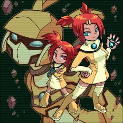 Rule 34 | 1girl, aged up, android, blue eyes, boots, child, dark-skinned female, dark skin, dual persona, hair ornament, hairclip, helmet, jaggy lines, johnnie, key, mechanical arms, red eyes, red hair, robot, robot sari, sari sumdac, short twintails, single mechanical arm, thighhighs, time paradox, transformers, transformers animated, twintails