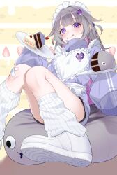Rule 34 | 1girl, :q, alternate costume, apron, blush, cake, cake slice, colored inner hair, commentary, english commentary, food, food on face, grey hair, hair ornament, heart, heart hair ornament, highres, holding, holding plate, hololive, hololive english, jersey maid, knees together feet apart, koseki bijou, long hair, looking at viewer, looking down, maid, maid headdress, mintz912, multicolored hair, pebble (koseki bijou), pink hair, plate, purple eyes, purple shirt, shirt, shoes, sitting, sleeves past fingers, sleeves past wrists, socks, solo, thighs, tongue, tongue out, turtleneck, unconventional maid, virtual youtuber, white apron, white footwear, white socks