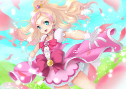 Rule 34 | 1girl, :d, blonde hair, bow, choker, cure flora, gloves, go! princess precure, gradient hair, green eyes, haruno haruka, long hair, magical girl, multicolored hair, open mouth, outstretched arms, petals, pink hair, precure, smile, solo, two-tone hair, wagashi (yokotejn), waist bow, white gloves