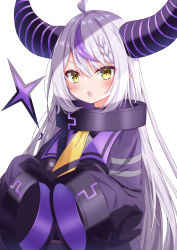 Rule 34 | 1girl, :o, ahoge, ascot, blush, braid, collar, commentary, demon horns, divergenceok, hair between eyes, highres, hololive, horns, jacket, la+ darknesss, long hair, long sleeves, looking at viewer, metal collar, multicolored hair, pointy ears, purple hair, purple jacket, silver hair, simple background, sleeves past fingers, sleeves past wrists, solo, streaked hair, striped horns, upper body, very long hair, virtual youtuber, white background, yellow ascot, yellow eyes