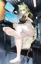 Rule 34 | 1girl, absurdres, animal ear fluff, animal ears, apron, arknights, chair, clothes lift, dress, feet, feet up, frilled apron, frills, full body, green dress, green eyes, highres, kal&#039;tsit (arknights), looking at viewer, maid, maid apron, maid headdress, monitor, panties, short hair, skirt, skirt lift, soles, thighhighs, underwear, white apron, white thighhighs, xo (xo17800108)