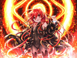 Rule 34 | 1girl, bare shoulders, black bodysuit, black jacket, blush, bodysuit, breasts, commentary request, fire, glowing, groin, hair between eyes, hand up, highres, holding, holding sword, holding weapon, jacket, katana, long hair, long sleeves, off shoulder, open clothes, open jacket, open mouth, puffy long sleeves, puffy sleeves, red eyes, red hair, shakugan no shana, shana, skin tight, small breasts, solo, standing, sword, tachitsu teto, transparent, very long hair, weapon