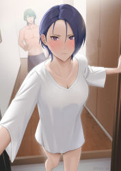 Rule 34 | 1boy, 1girl, absurdres, alternate costume, blush, borrowed clothes, breasts, byleth (fire emblem), byleth (male) (fire emblem), closed mouth, collarbone, commentary request, contemporary, fire emblem, fire emblem: three houses, furo atsushi, green hair, highres, indoors, long sleeves, looking at viewer, medium breasts, muscular, muscular male, naked shirt, nintendo, opening door, pov, purple eyes, purple hair, shamir nevrand, shirt, short hair, sweat, t-shirt, topless male, twitter username, white shirt