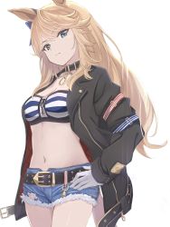 Rule 34 | 1girl, animal ears, bandeau, belt, black belt, black choker, black jacket, blonde hair, blue eyes, breasts, choker, cleavage, commentary request, cowboy shot, cutoffs, denim, denim shorts, gloves, gold city (umamusume), hand on own hip, head tilt, highres, horse ears, jacket, long hair, long sleeves, looking at viewer, midriff, navel, open clothes, open jacket, partial commentary, pinky iwata, short shorts, shorts, simple background, small breasts, solo, standing, stomach, strapless, striped bandeau, tube top, umamusume, white background, white gloves
