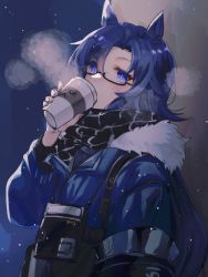 Rule 34 | 1girl, animal ears, arknights, black scarf, blue coat, blue eyes, blue hair, blush, breath, coat, cold, commentary request, cup, drinking, fang (arknights), fang (cruciata) (arknights), fur-trimmed hood, fur trim, highres, holding, holding cup, hood, horse ears, long hair, looking at viewer, mishiro kinari, official alternate costume, outdoors, scarf, semi-rimless eyewear, solo, under-rim eyewear, upper body, winter clothes, winter coat