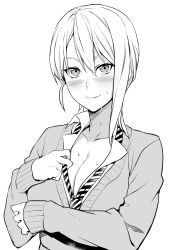 Rule 34 | 10s, 1girl, blush, breasts, cleavage, clothes pull, collarbone, collared shirt, highres, large breasts, long sleeves, looking at viewer, loose necktie, monochrome, nakiri alice, necktie, prime, school uniform, shirt, shirt pull, shokugeki no souma, short hair, silver hair, smile, solo, striped, striped necktie, sweat, sweater, upper body