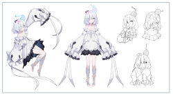 Rule 34 | + +, 1girl, absurdres, arm up, bandaged foot, bandaged leg, bandages, blue eyes, blue fire, blush, bow, breasts, choker, cleavage, closed eyes, closed mouth, collarbone, commentary request, dress, eyes visible through hair, fire, frilled dress, frills, grey hair, hair ornament, hair over one eye, heart, heart hair ornament, highres, long sleeves, medium breasts, multicolored hair, multiple views, off-shoulder dress, off shoulder, ohihil, original, parted lips, puffy long sleeves, puffy sleeves, purple hair, simple background, sleeves past fingers, sleeves past wrists, two-tone hair, wavy mouth, white background, white bow, white choker, white dress