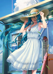 Rule 34 | 1girl, adjusting clothes, adjusting headwear, aqua eyes, aqua hair, arms up, bus stop, day, dress, hat, hatsune miku, highres, isai shizuka, jewelry, long hair, necklace, pendant, sky, sleeveless, smile, solo, straw hat, sundress, twintails, umbrella, very long hair, vocaloid