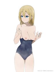 Rule 34 | 1girl, absurdres, blonde hair, blue eyes, blue nails, blue one-piece swimsuit, blush, breasts, closed mouth, clothes pull, collarbone, competition school swimsuit, coro fae, covered navel, cowboy shot, double-parted bangs, expressionless, fanbox username, fingernails, hair between eyes, hayasaka ai, highres, kaguya-sama wa kokurasetai ~tensai-tachi no renai zunousen~, long fingernails, long hair, looking to the side, medium breasts, nail polish, nipples, one-piece swimsuit, one-piece swimsuit pull, paid reward available, pulling own clothes, school swimsuit, simple background, solo, split mouth, standing, steam, swimsuit, twitter username, watermark, web address, wet, wet clothes, wet swimsuit, white background
