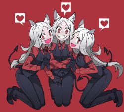 Rule 34 | 3girls, animal ears, arm garter, black suit, black tail, black vest, breasts, cerberus (helltaker), commentary request, demon girl, demon tail, dog ears, eyebrows hidden by hair, fang, formal, gloves, heart, helltaker, highres, holding hands, kneeling, kyo-hei (kyouhei), long hair, looking at viewer, multiple girls, multiple persona, neckwear request, open mouth, red background, red eyes, red shirt, shirt, silver hair, simple background, smile, spoken heart, suit, tail, triplets, vest