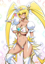 Rule 34 | 10s, 1girl, adapted costume, artist name, bikini, blonde hair, blush, boots, bow, breasts, brooch, cleavage, covered erect nipples, cure sunshine, cure sunshine (super silhouette), detached sleeves, elbow gloves, female pubic hair, gloves, hair ribbon, heart, heart brooch, heartcatch precure!, jewelry, joy ride, juliet sleeves, knee boots, large breasts, lips, long hair, long sleeves, looking at viewer, magical girl, myoudouin itsuki, navel, navel piercing, piercing, precure, pubic hair, pubic hair peek, puffy sleeves, pussy juice, ribbon, skirt, smile, solo, standing, swimsuit, tan, twintails, underboob, wrist cuffs, yellow bow, yellow eyes