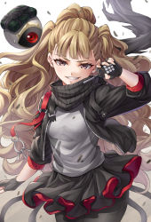Rule 34 | 1girl, arknights, black gloves, black jacket, black pantyhose, black scarf, black skirt, blonde hair, blunt bangs, commentary, cosplay, cowboy shot, earrings, eitri (fire emblem), fingerless gloves, fire emblem, fire emblem heroes, gloves, grey shirt, grin, jacket, jewelry, long hair, long sleeves, looking at viewer, miniskirt, nintendo, open clothes, open jacket, pantyhose, pleated skirt, purple eyes, scarf, shirt, simple background, skirt, smile, solo, standing, ten (tenchan man), two side up, very long hair, w (arknights), w (arknights) (cosplay), white background