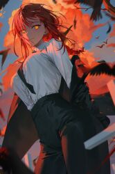 Rule 34 | 1girl, @ @, absurdres, bird, black necktie, black pants, breasts, chainsaw man, closed mouth, cloud, highres, long hair, long sleeves, looking at viewer, makima (chainsaw man), medium breasts, necktie, outdoors, pants, red hair, ringed eyes, shirt, sky, smile, solo, standing, white shirt, ye jji, yellow eyes