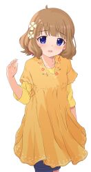 Rule 34 | 1girl, ahoge, blue eyes, blue pants, blush, brown hair, commentary, cowboy shot, dress, flat chest, floral print, flower, hair flower, hair ornament, hand up, highres, idolmaster, idolmaster million live!, long sleeves, looking at viewer, medium hair, pants, parted lips, print dress, rulyuzevcpalyo, sidelocks, solo, suou momoko, wavy hair, white background, yellow dress
