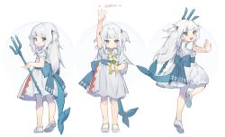 Rule 34 | 1girl, absurdres, blue bow, blue eyes, blue hair, bow, chinese commentary, denpa noise, dress, fins, fish tail, gawr gura, gawr gura (party dress), grey hair, highres, holding, holding weapon, hololive, hololive english, multicolored hair, open hand, parted lips, polearm, shark tail, sharp teeth, smile, streaked hair, tail, teeth, trident, two side up, v-shaped eyebrows, virtual youtuber, weapon, white background, white dress, white footwear